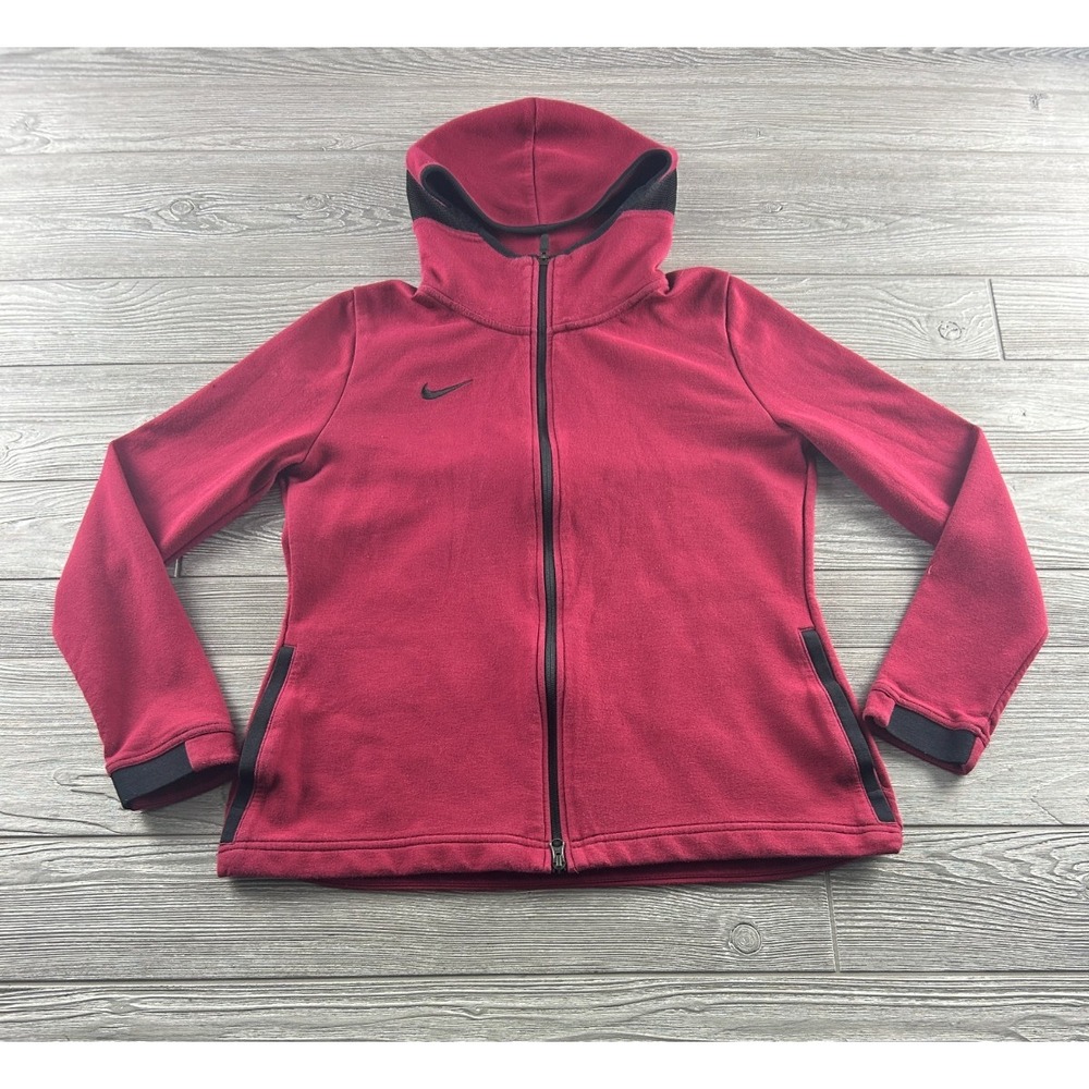Nike Dri Fit Womens Full Zip Jacket Maroon Hooded Athletic Coat Large